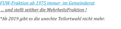 FUW-Fraktion ab 1975 immer  im Gemeinderat  ... und stellt seither die MehrheitsFraktion ! *Ab 2019 gibt es die unechte Teilortwahl nicht mehr.